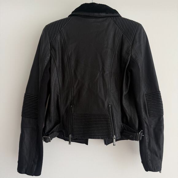 BCBG Maxazria Leather Bomber Jacket Womens Medium Black Moto NO ZIPPER Faux Fur - Picture 9 of 13